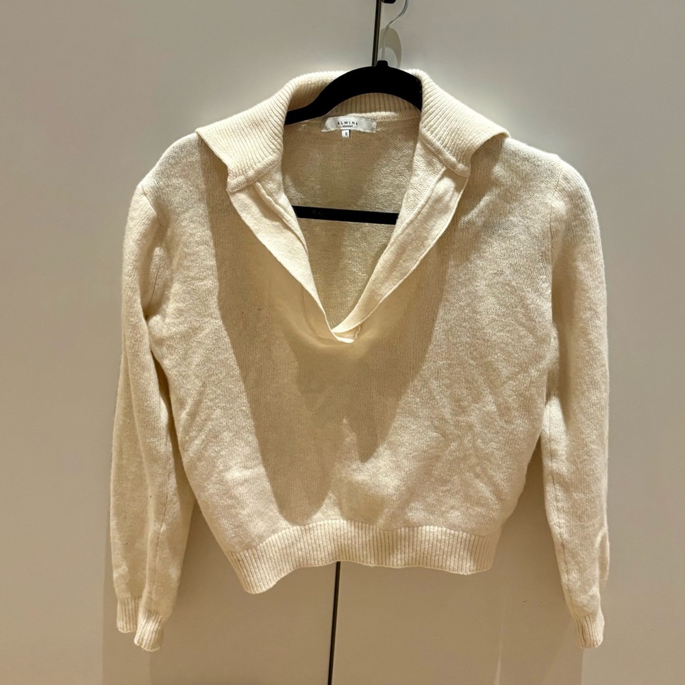 Almina Concept Wool Shawl V Neck Draped Sweater Knit Top White ivory Cream S 2/4
